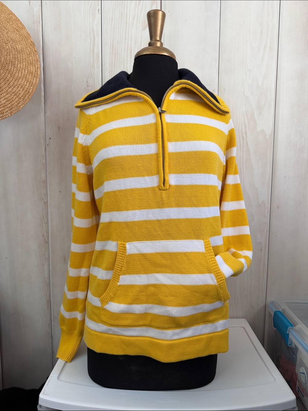 Ralph Lauren Yellow and White Striped Half-Zip Sweater with Navy Collar